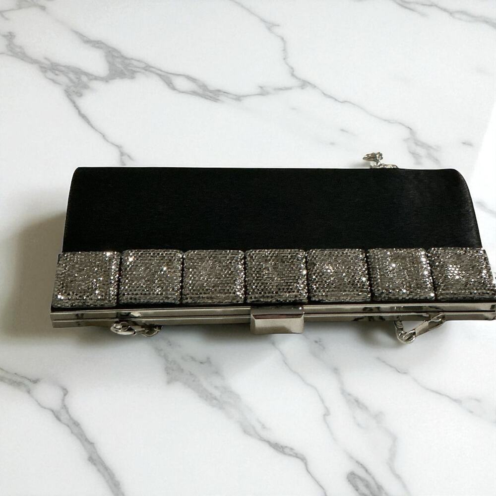 RSVP Y2K Black Satin Evening Bag w/ Silver Square Detail & Chain Strap - Picture 5 of 10